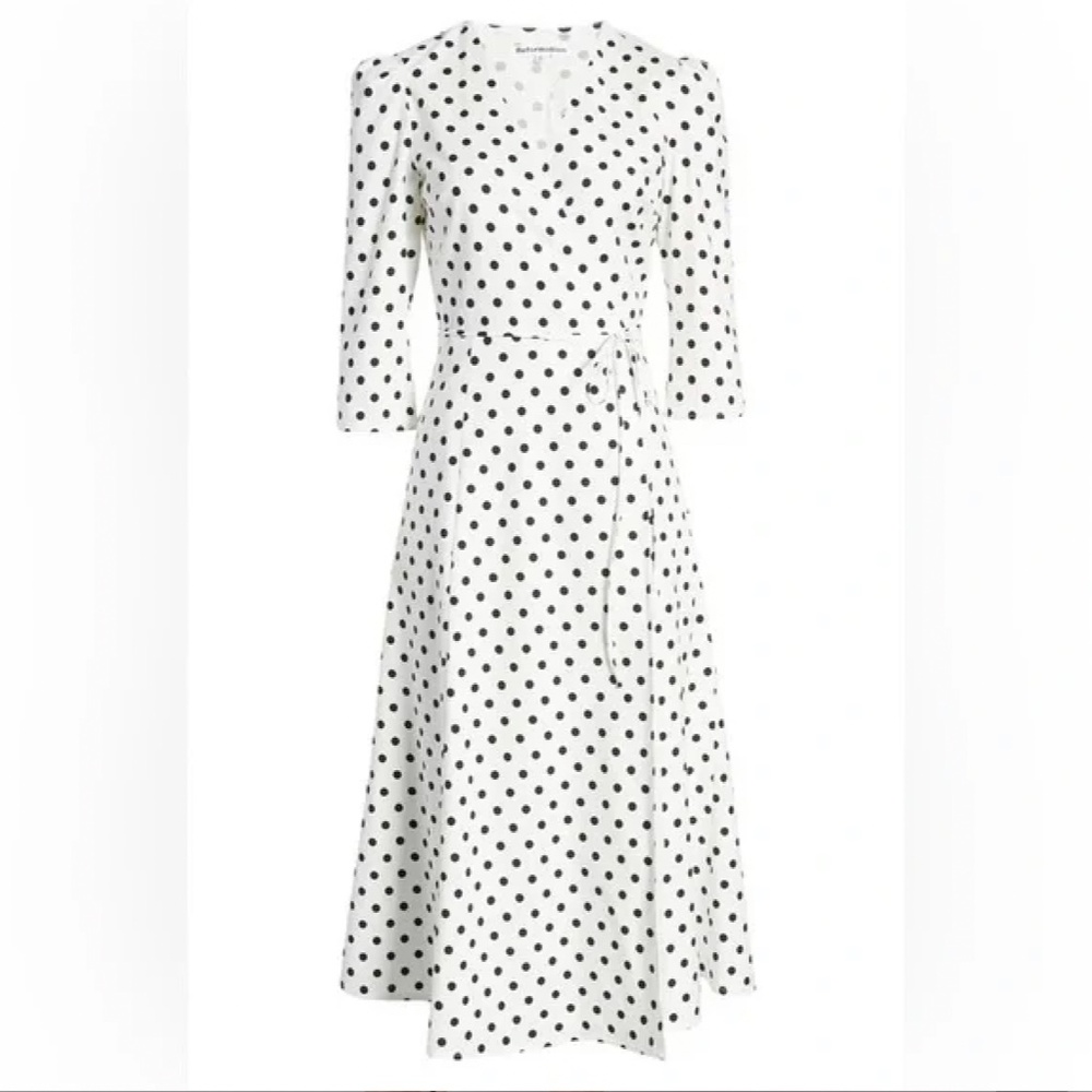 NEW Reformation Hilltop Midi Wrap Dress w/ Sleeves Polka Dot Malta Size S - Picture 10 of 14